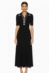Timeless Ribbed Knit Long Dress with Contrast Placket