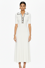 Timeless Ribbed Knit Long Dress with Contrast Placket