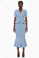 Short Sleeve Peplum Knit Top and Flared Hem Skirt Matching Set