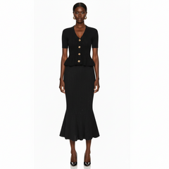 Short Sleeve Peplum Knit Top and Flared Hem Skirt Matching Set