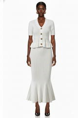 Short Sleeve Peplum Knit Top and Flared Hem Skirt Matching Set