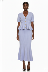 Short Sleeve Peplum Knit Top and Flared Hem Skirt Matching Set