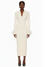 Feather Cuff Ribbed Knit Maxi Dress