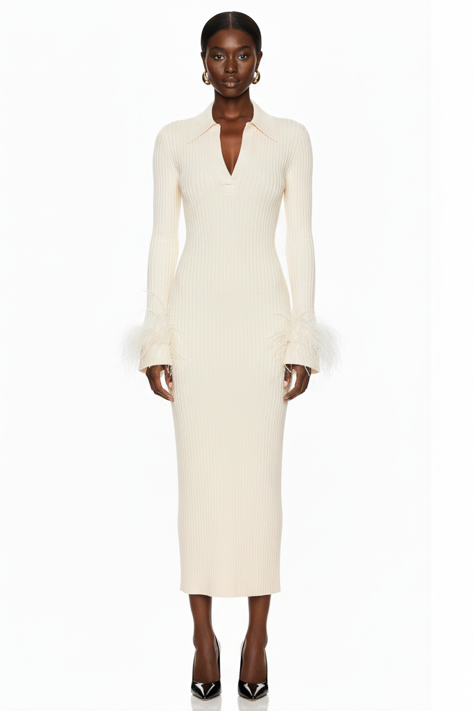 Feather Cuff Ribbed Knit Maxi Dress