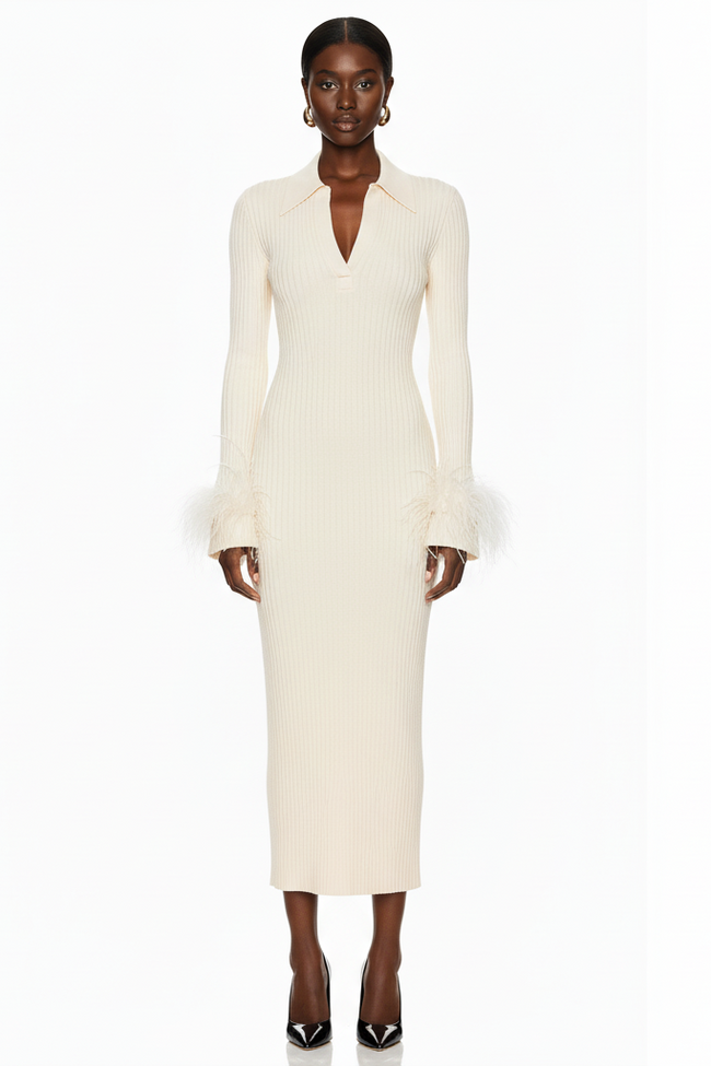 Feather Cuff Ribbed Knit Maxi Dress Hover Image