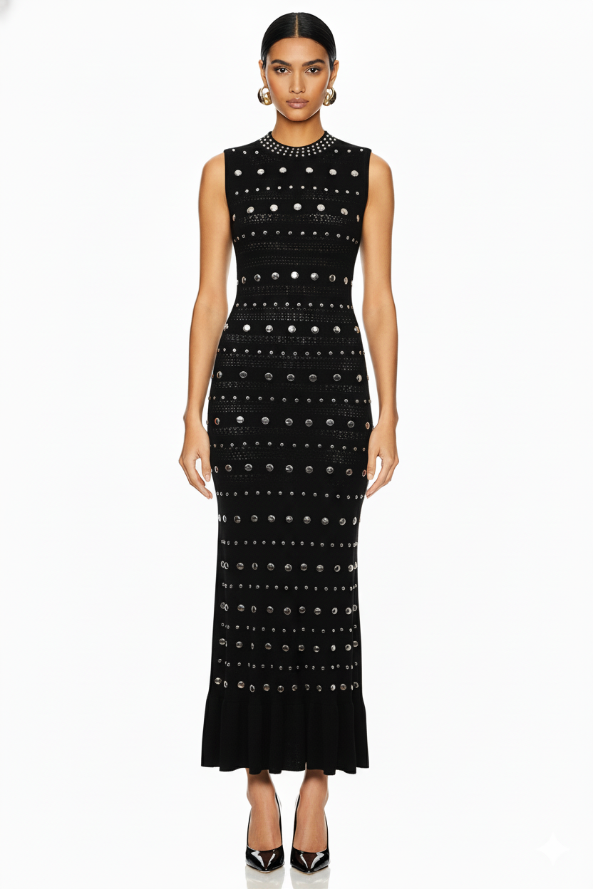 Embellished Knit Crochet Gown with Flounce Hem