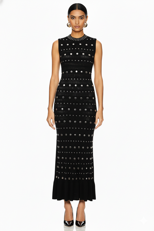 Embellished Knit Crochet Gown with Flounce Hem Hover Image