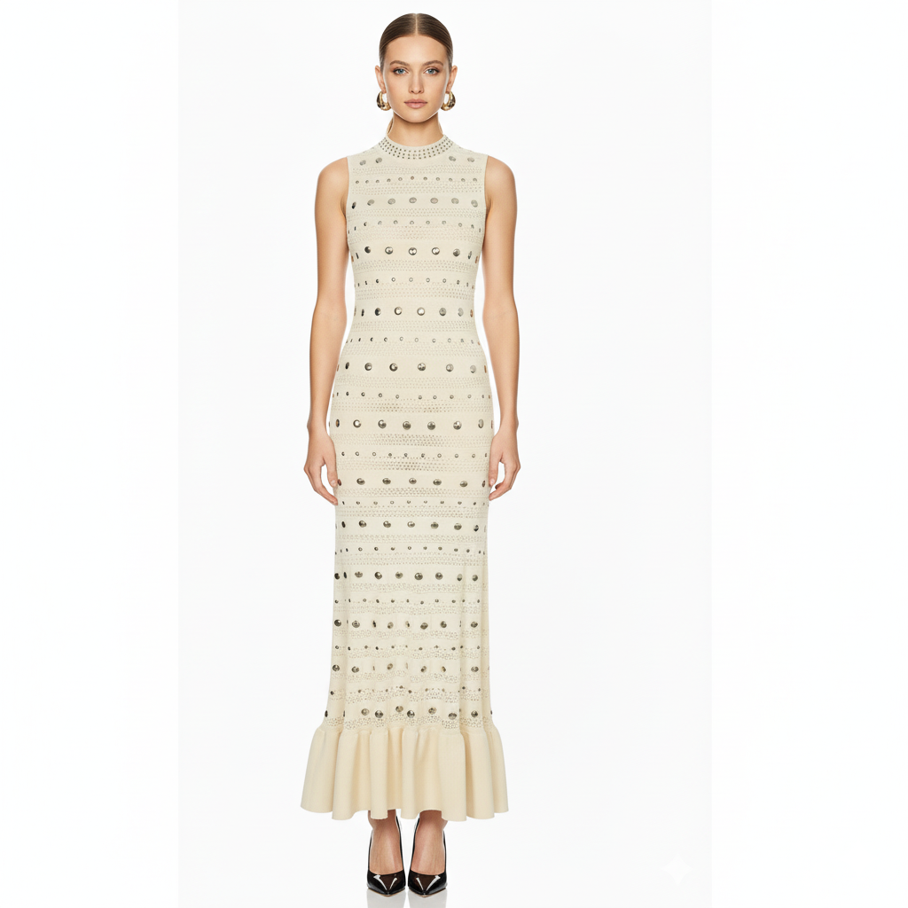 Embellished Knit Crochet Gown with Flounce Hem