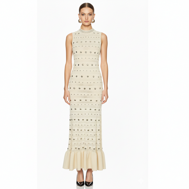 Embellished Knit Crochet Gown with Flounce Hem Main Image