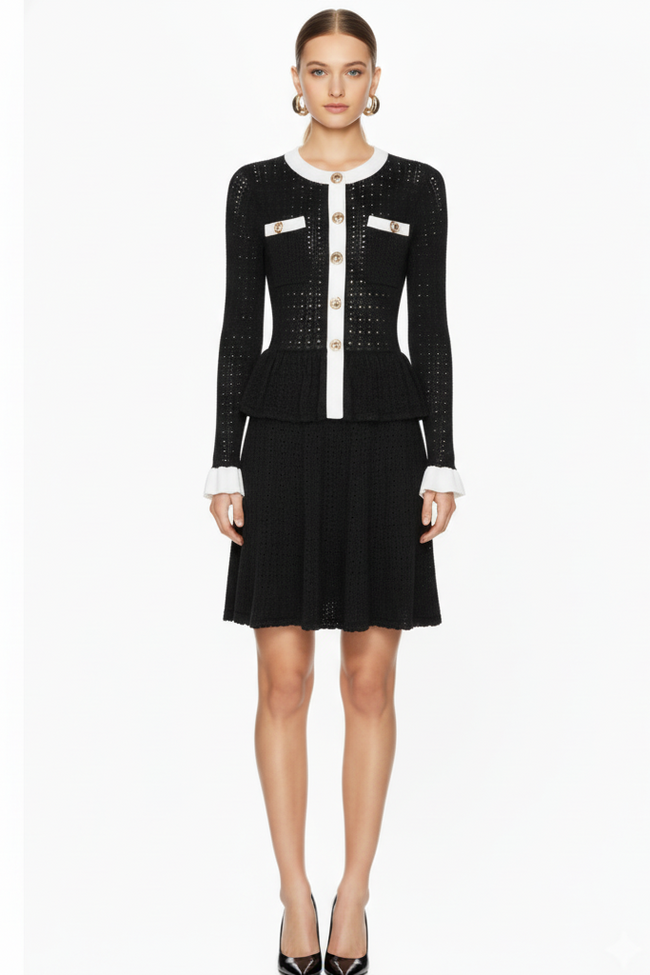 Contrast Trim Button-Front Knit Peplum Dress Hover Image