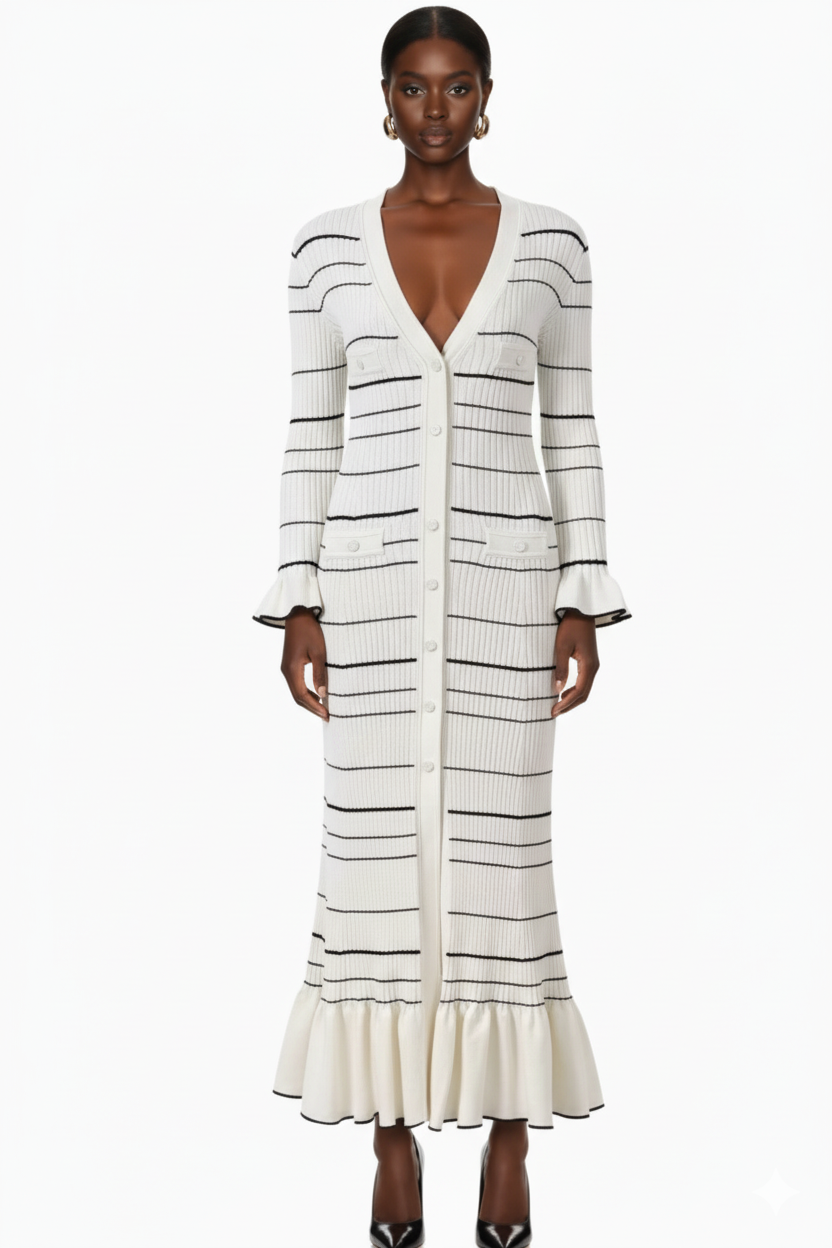 Striped Ribbed Knit Button-Down Midi Dress with Ruffle Hem