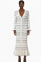 Striped Ribbed Knit Button-Down Midi Dress with Ruffle Hem