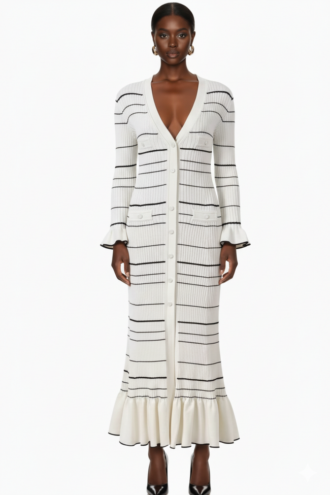 Striped Ribbed Knit Button-Down Midi Dress with Ruffle Hem Hover Image