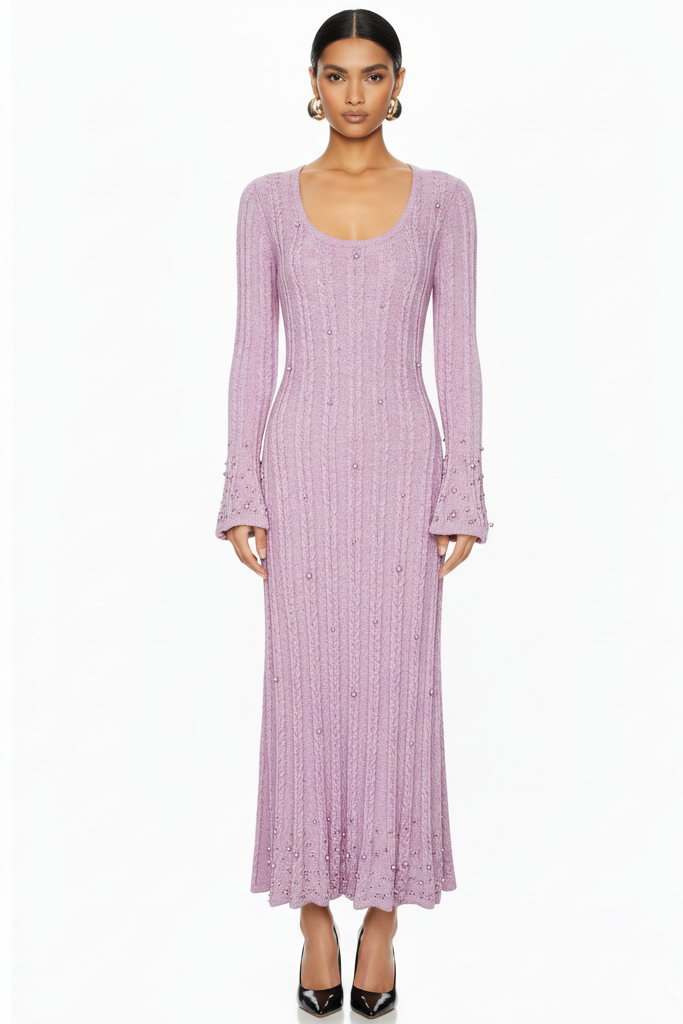 Embellished Ribbed Knit Maxi Dress
