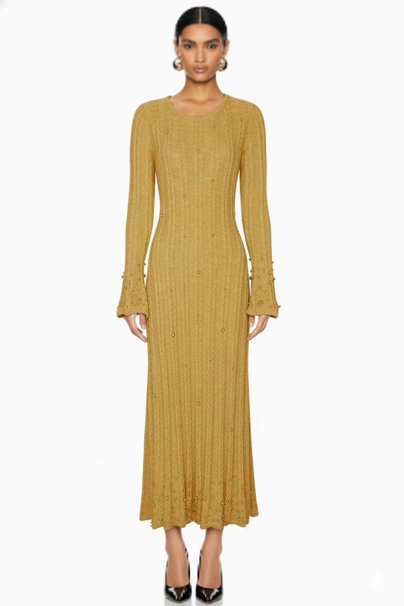 Embellished Ribbed Knit Maxi Dress