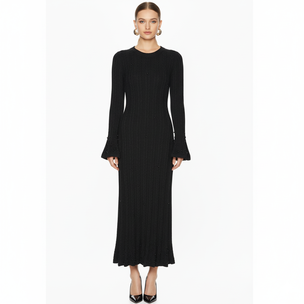 Embellished Ribbed Knit Maxi Dress