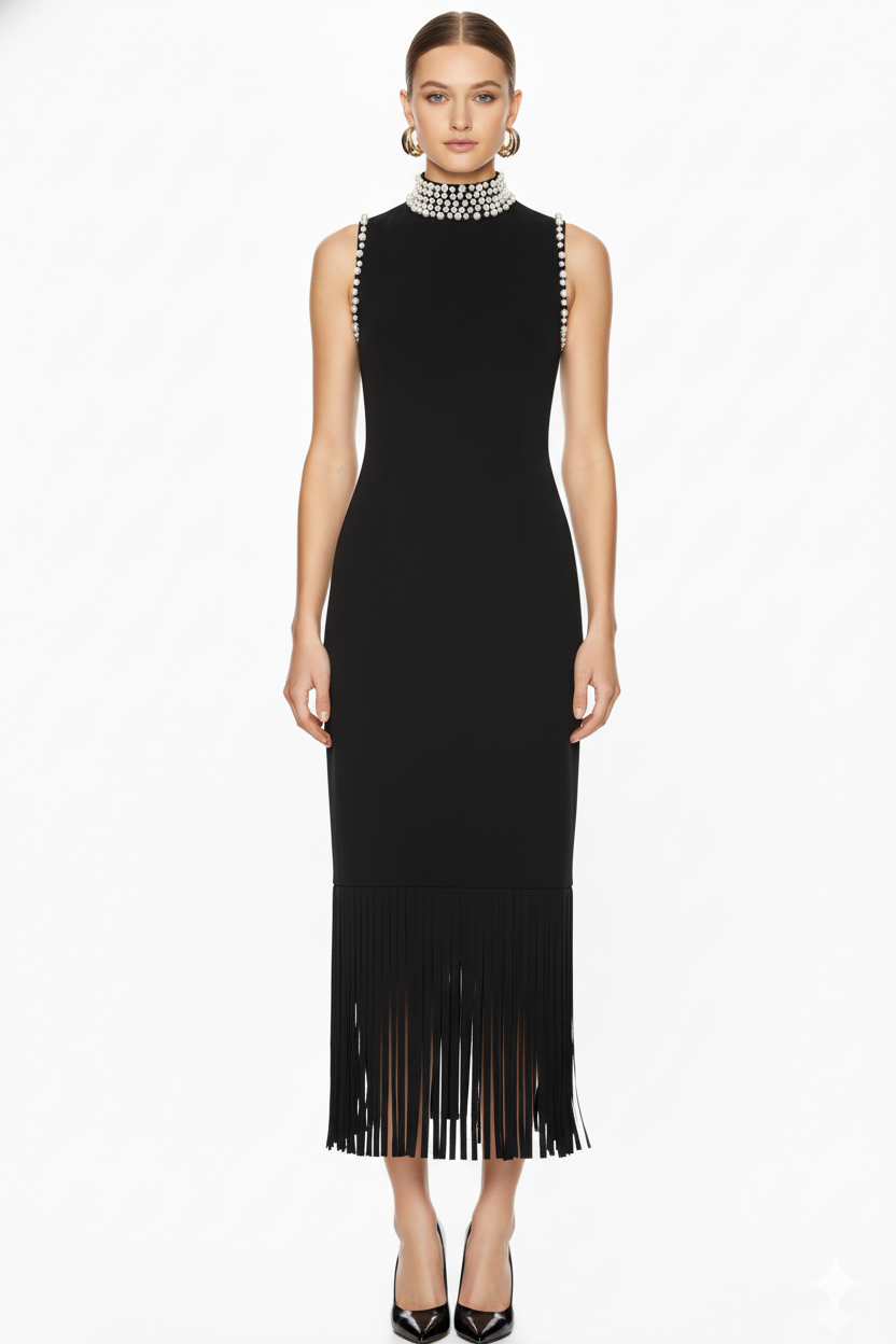 Embellished Fringe Trim Sleeveless Midi Dress
