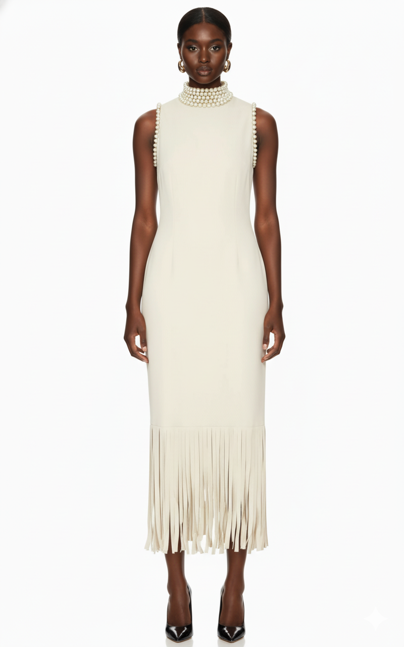 Embellished Fringe Trim Sleeveless Midi Dress
