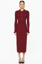 Belted Ribbed Knit Midi Dress with Button Detail