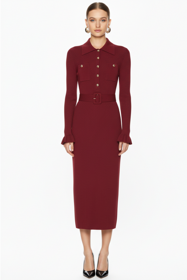 Belted Ribbed Knit Midi Dress with Button Detail Hover Image
