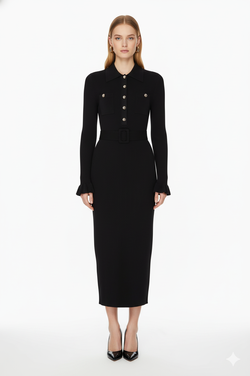 Belted Ribbed Knit Midi Dress with Button Detail