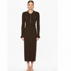 Belted Ribbed Knit Midi Dress with Button Detail