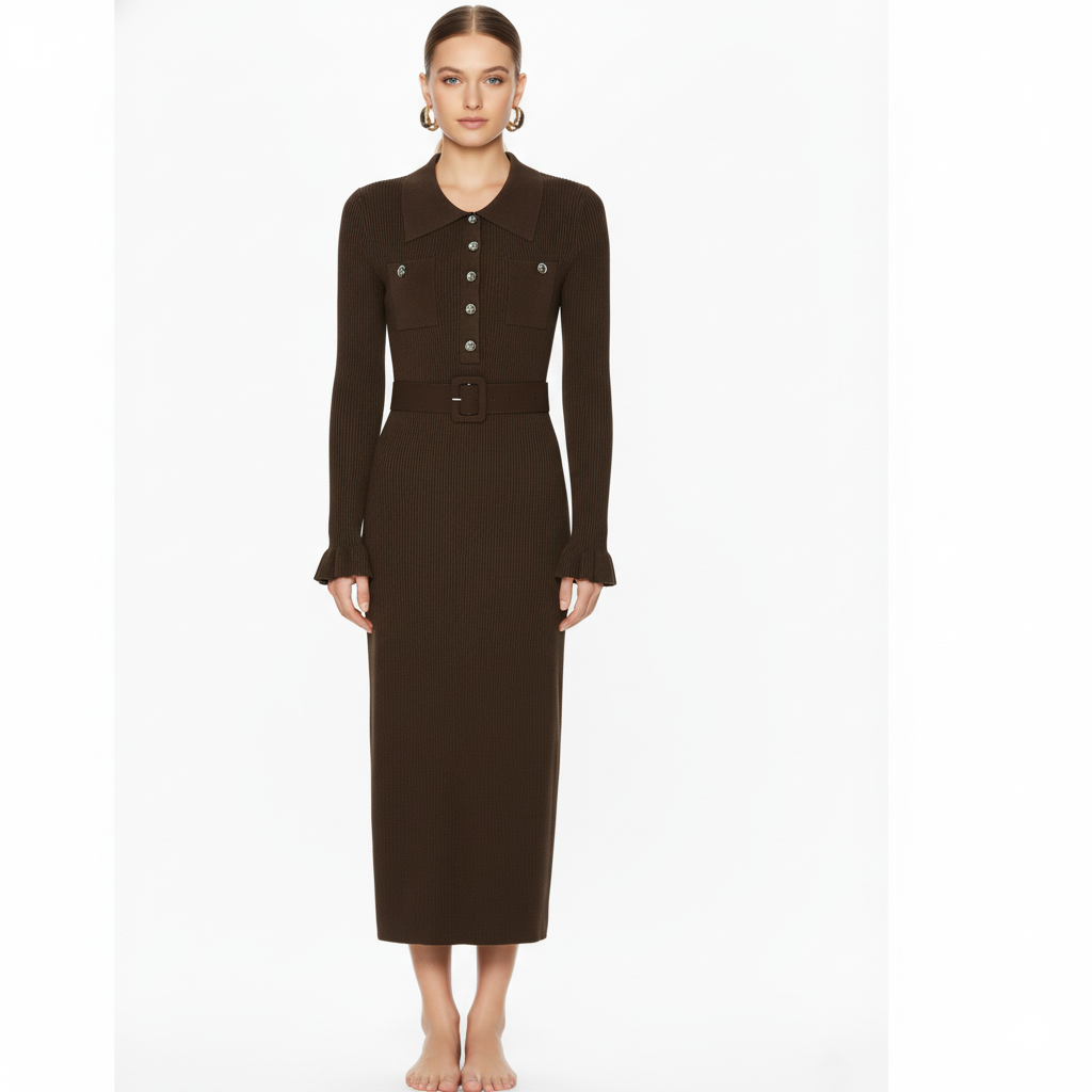 Belted Ribbed Knit Midi Dress with Button Detail