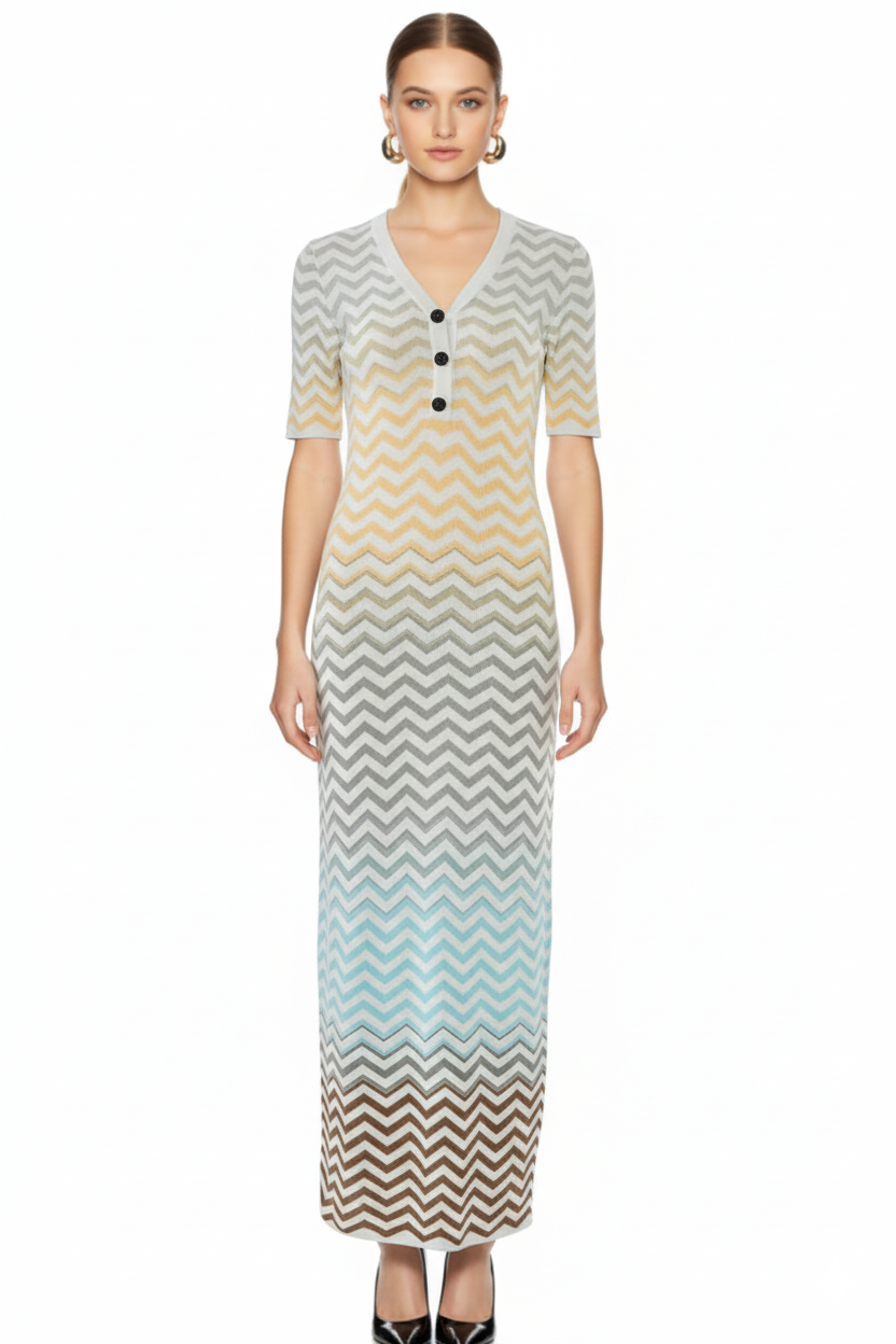 Chevron Pattern Button-Front Knit Maxi Dress