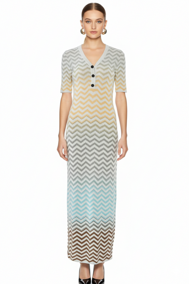 Chevron Pattern Button-Front Knit Maxi Dress Hover Image