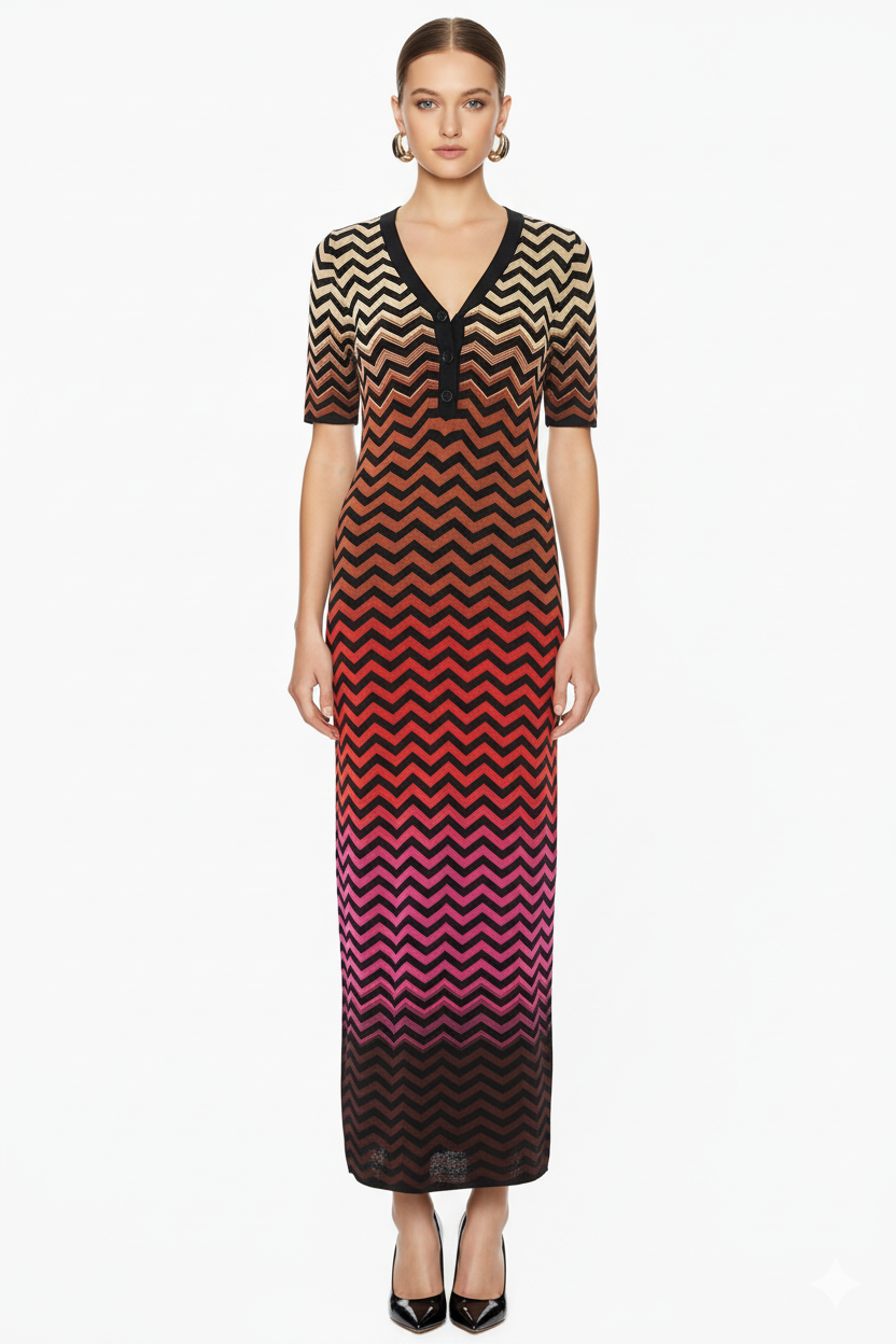 Chevron Pattern Button-Front Knit Maxi Dress
