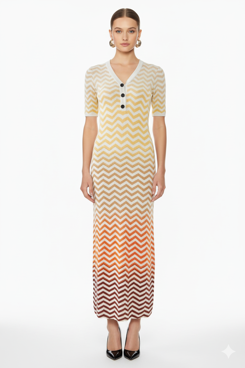 Chevron Pattern Button-Front Knit Maxi Dress