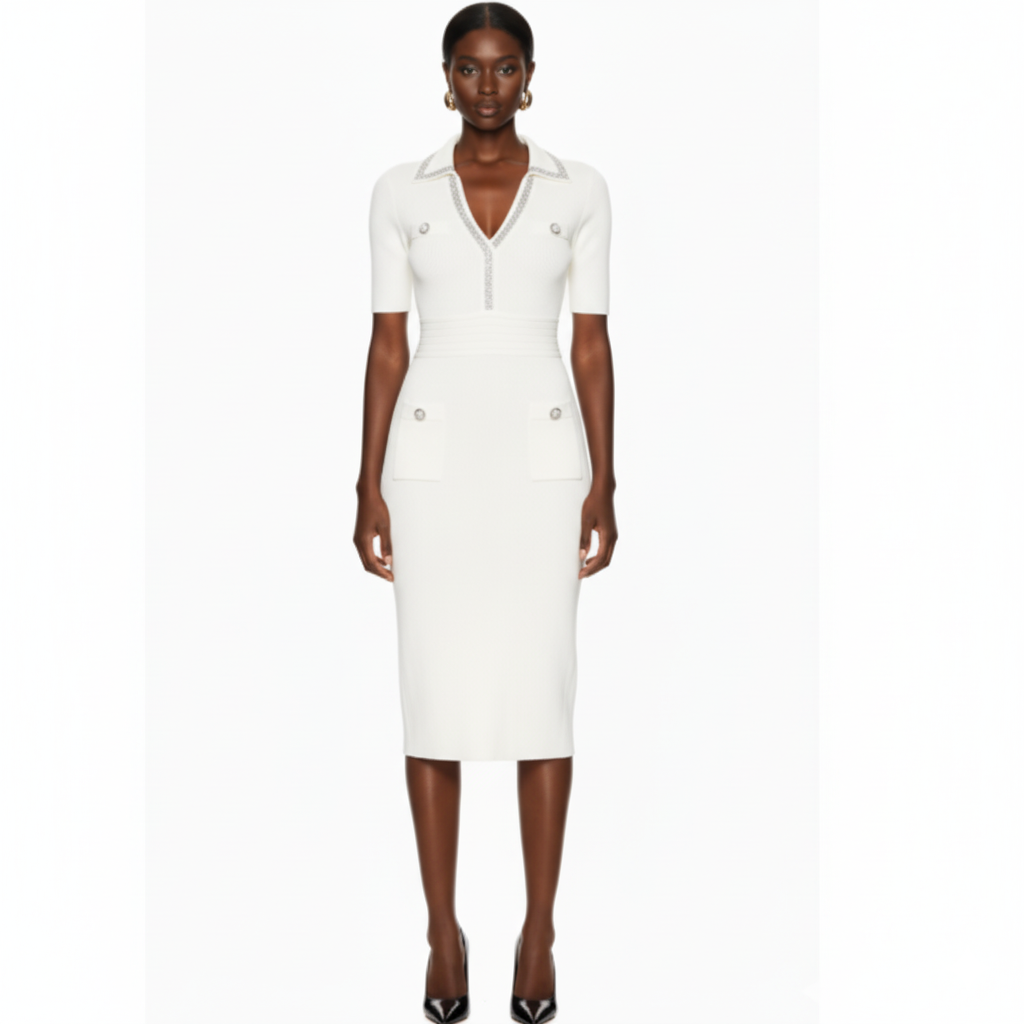 Embellished Trim Ribbed Knit Midi Dress