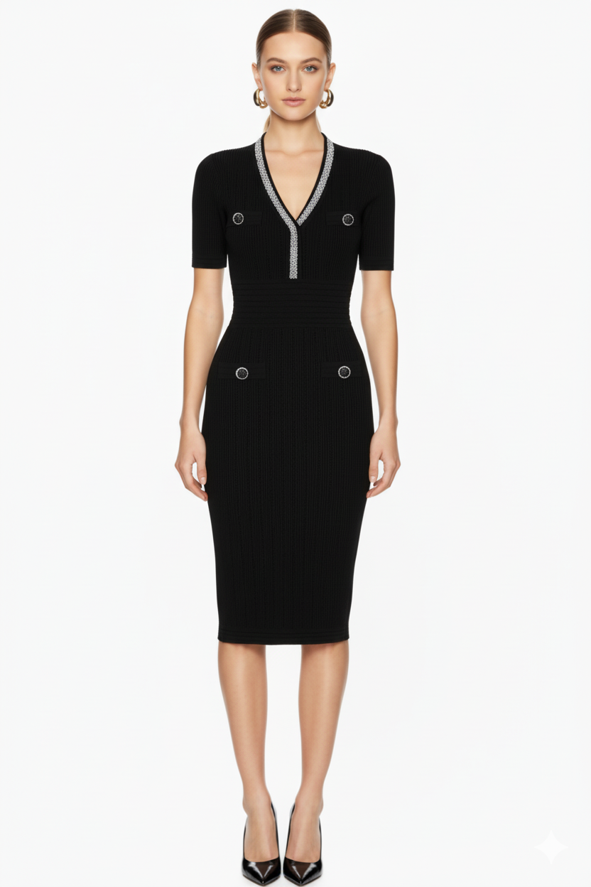 Embellished Trim Ribbed Knit Midi Dress