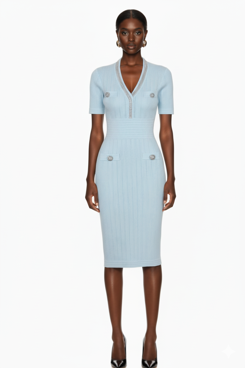 Embellished Trim Ribbed Knit Midi Dress