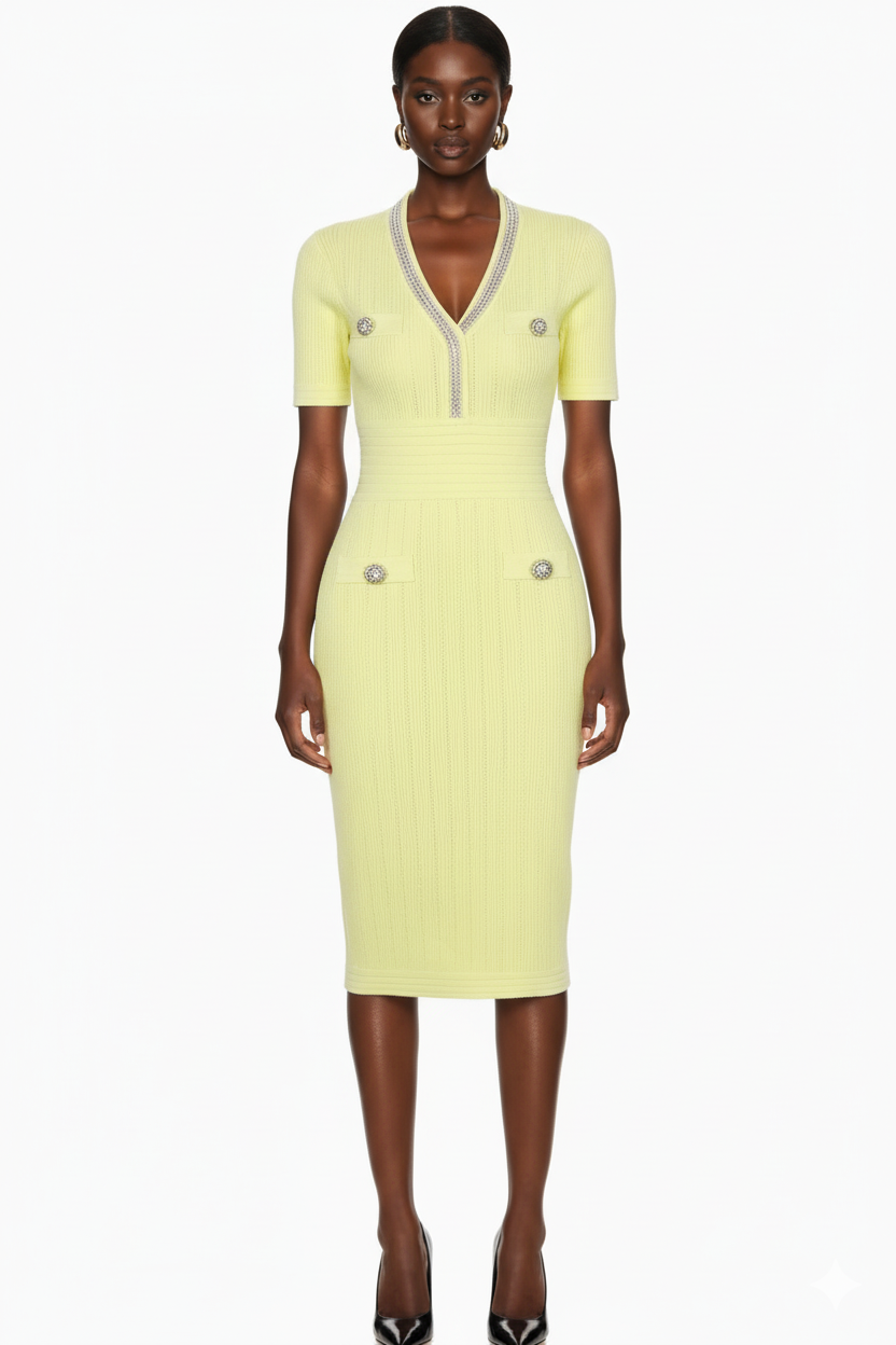 Embellished Trim Ribbed Knit Midi Dress