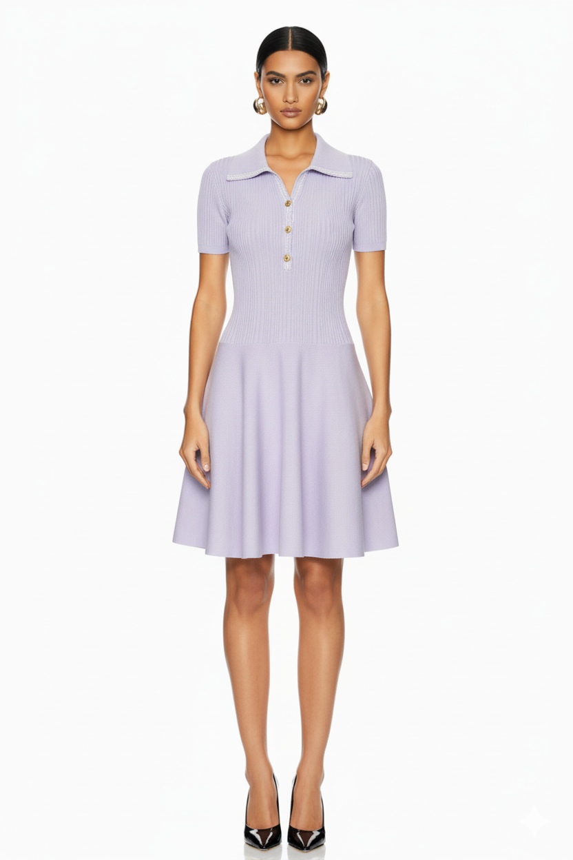 Collared Ribbed Knit Button-Front Mini Dress