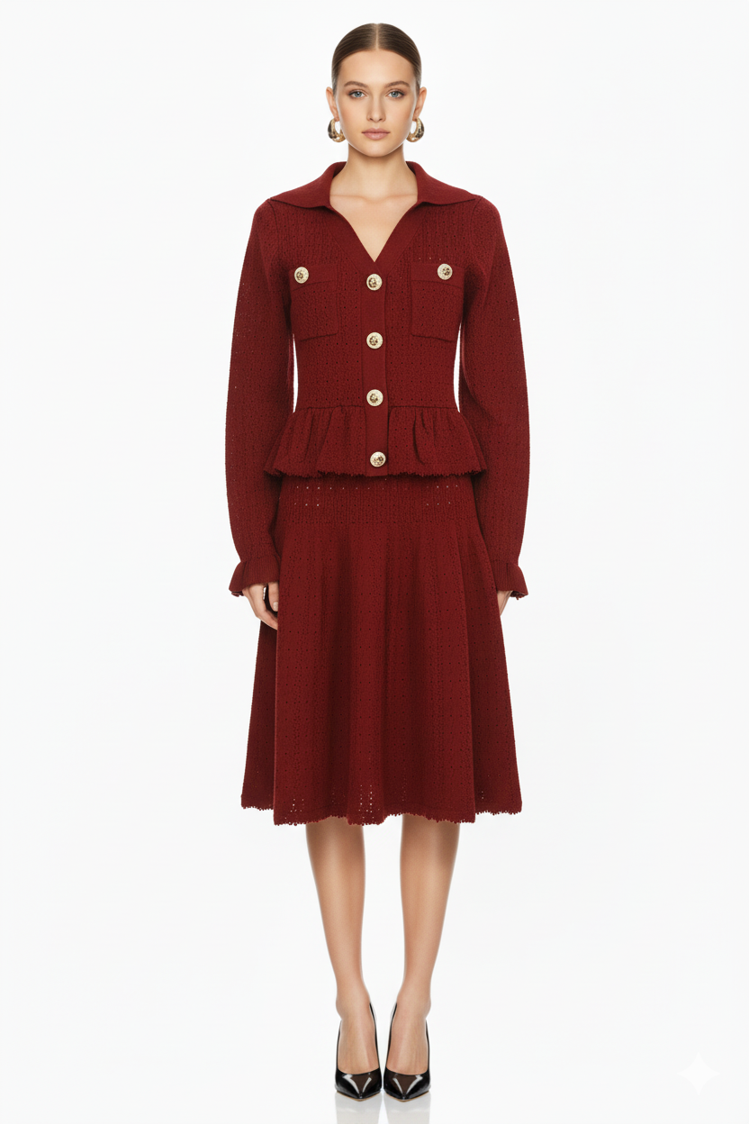 Button-Front Knit Peplum Dress with Flared Cuffs