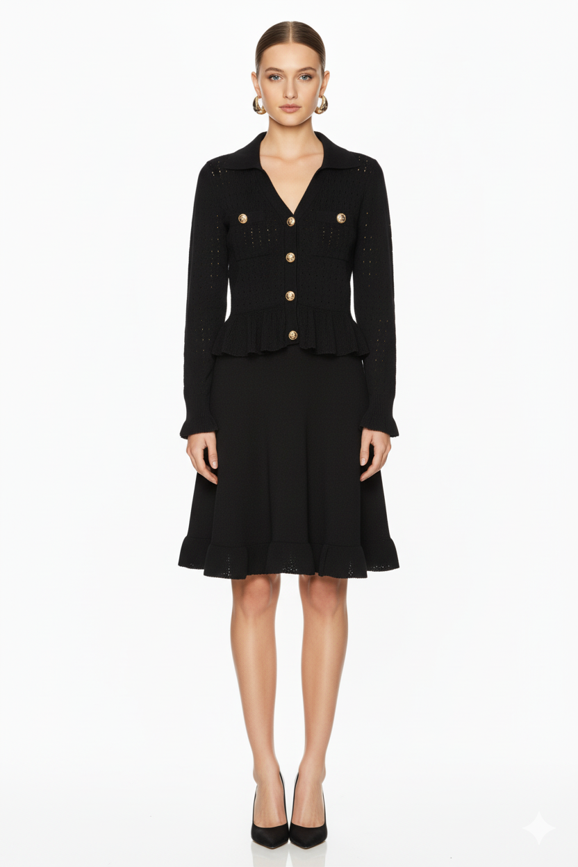 Button-Front Knit Peplum Dress with Flared Cuffs