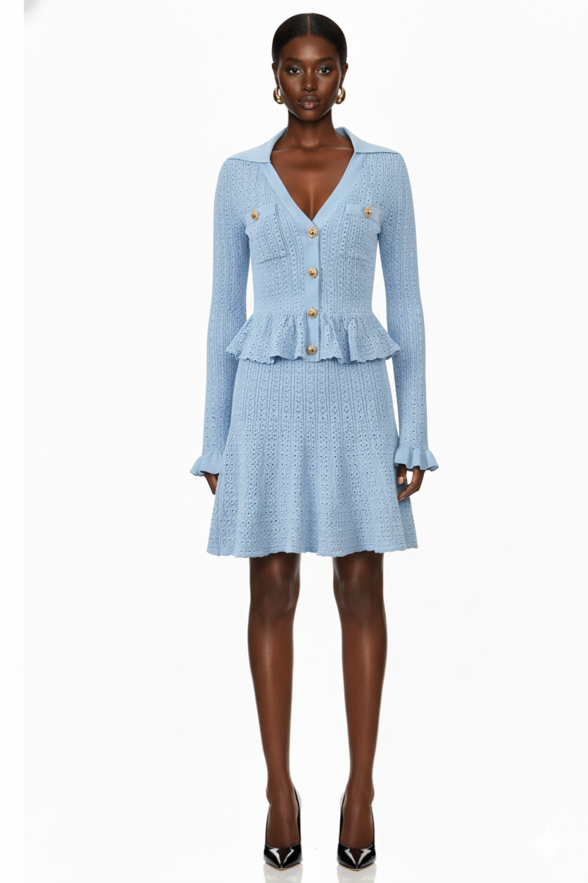 Button-Front Knit Peplum Dress with Flared Cuffs