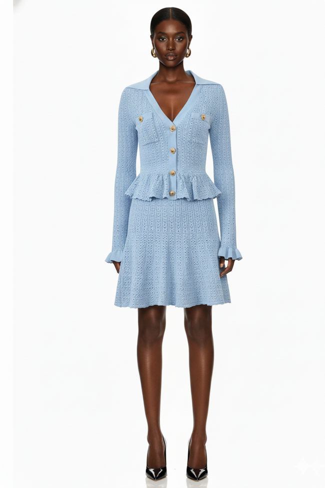 Button-Front Knit Peplum Dress with Flared Cuffs Hover Image