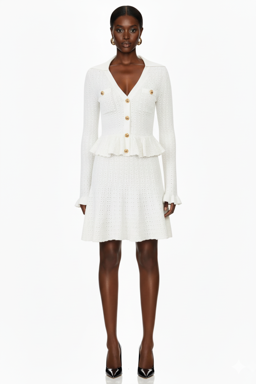 Button-Front Knit Peplum Dress with Flared Cuffs