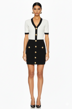 Contrast Panel Knit Mini Dress with Gold Button Detail