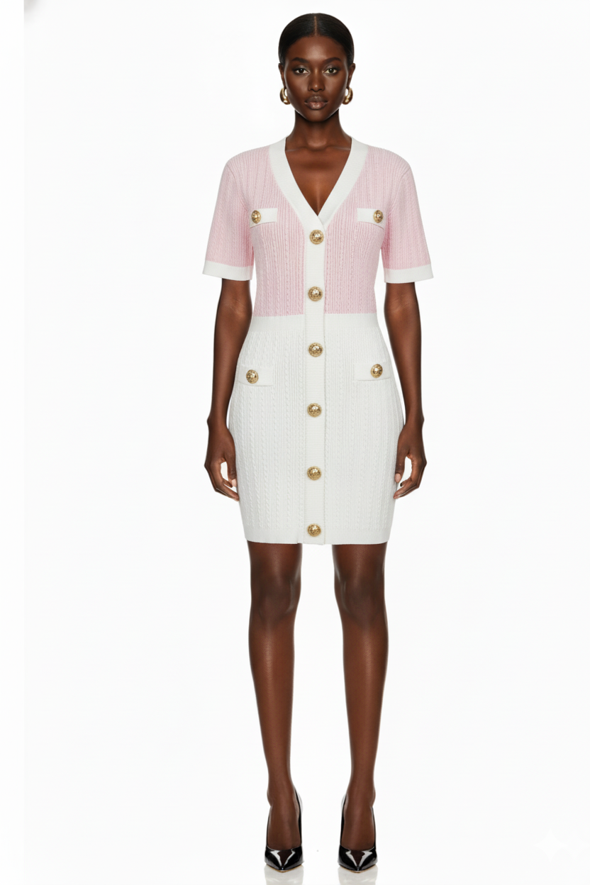 Contrast Panel Knit Mini Dress with Gold Button Detail