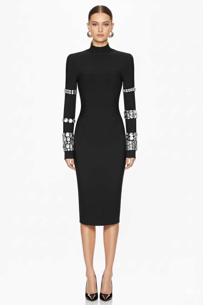 Embellished Sleeve Fitted Midi Dress Hover Image