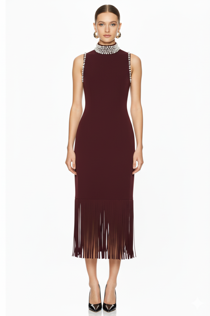 Embellished Fringe Trim Sleeveless Midi Dress