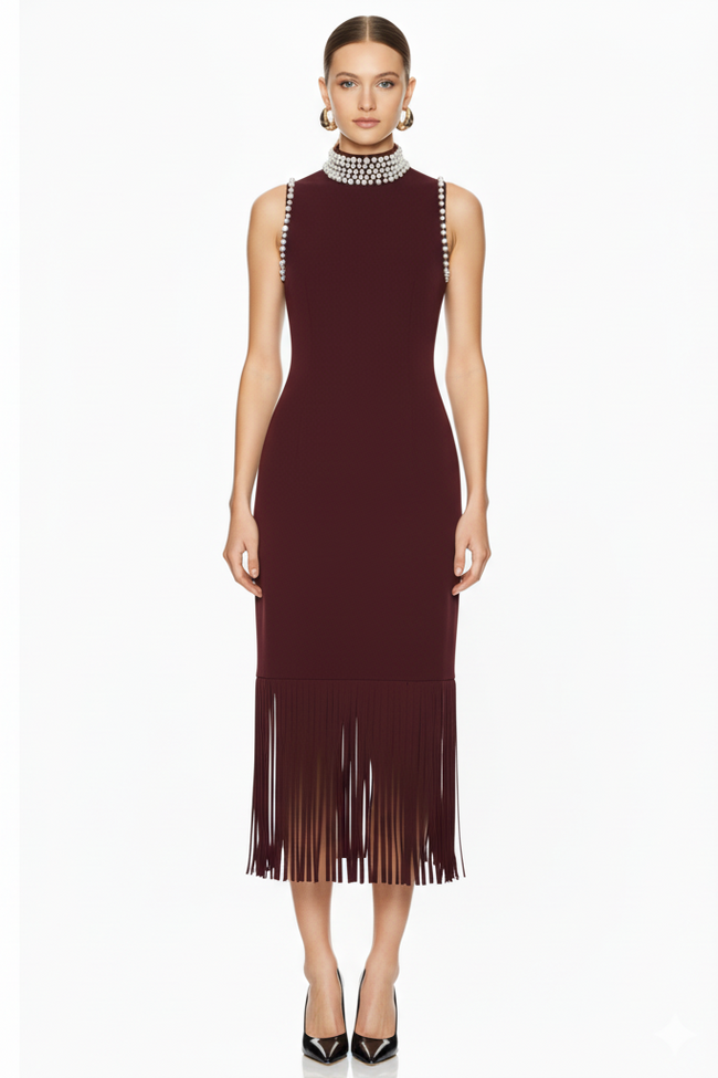 Embellished Fringe Trim Sleeveless Midi Dress Hover Image