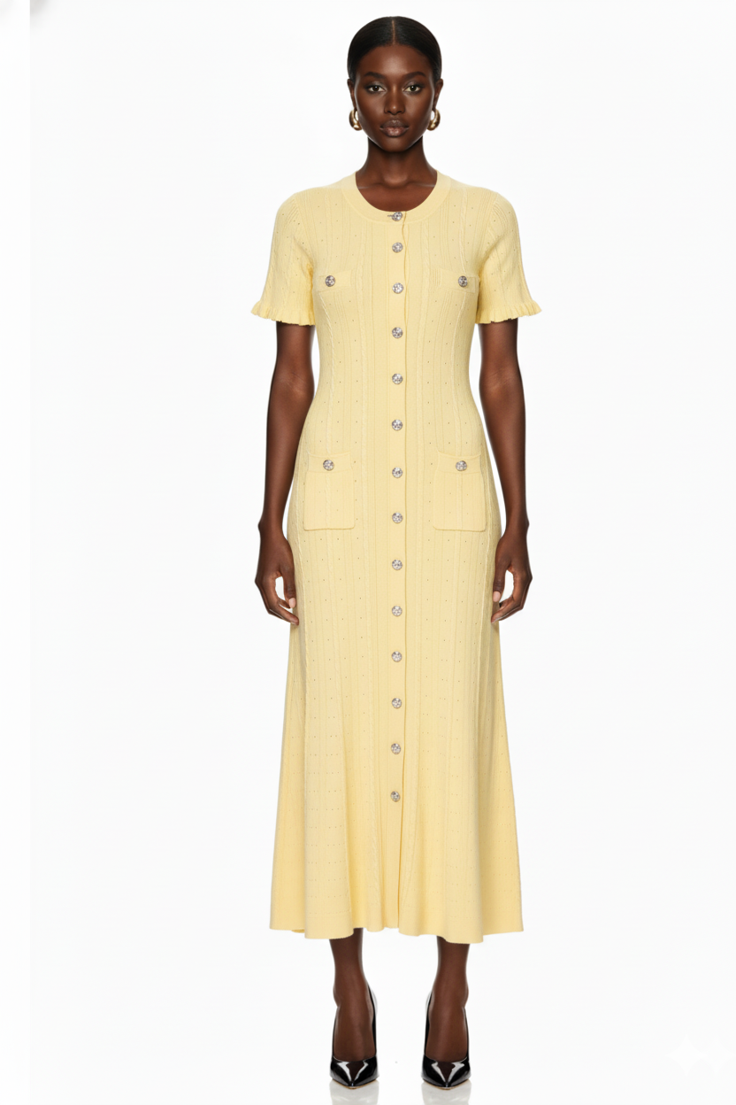 Button-Front Short Sleeve Knit Midi Dress