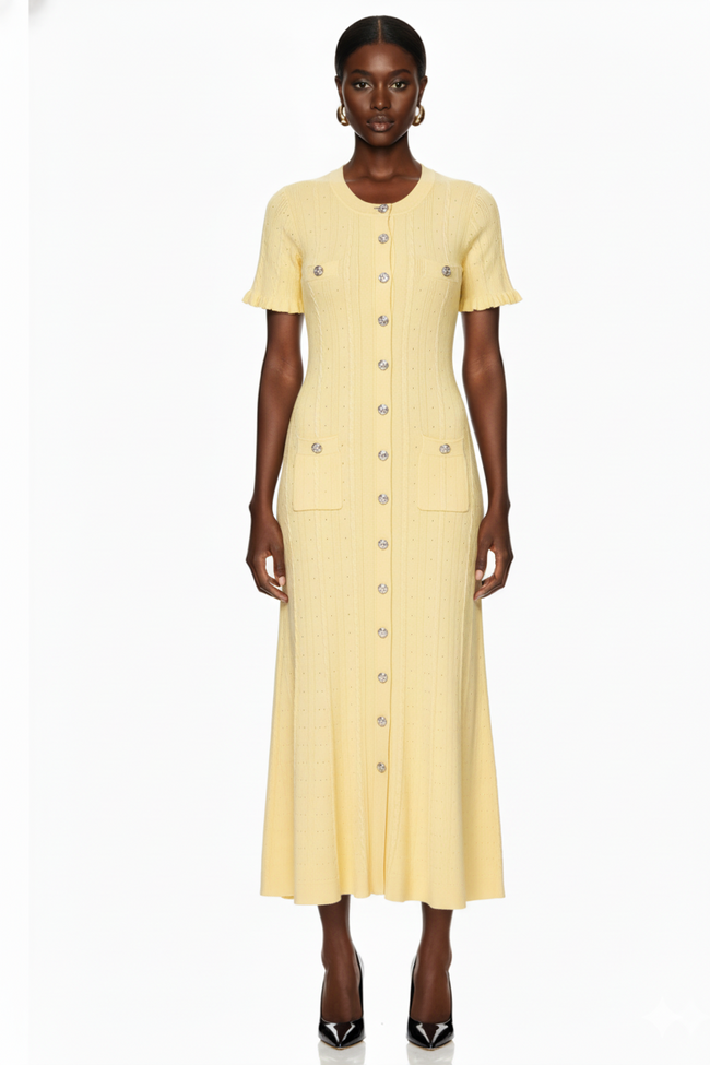 Button-Front Short Sleeve Knit Midi Dress Hover Image