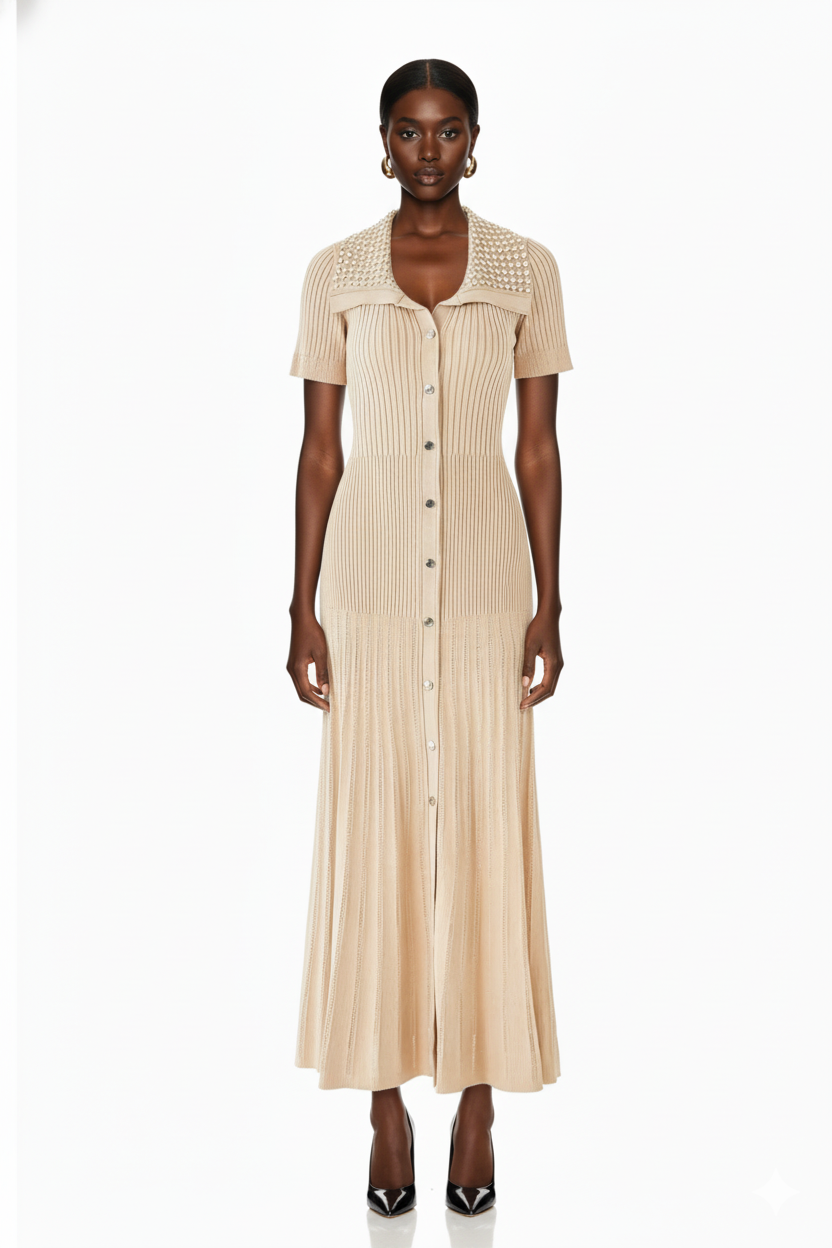 Embellished Collar Ribbed Button-Down Maxi Dress