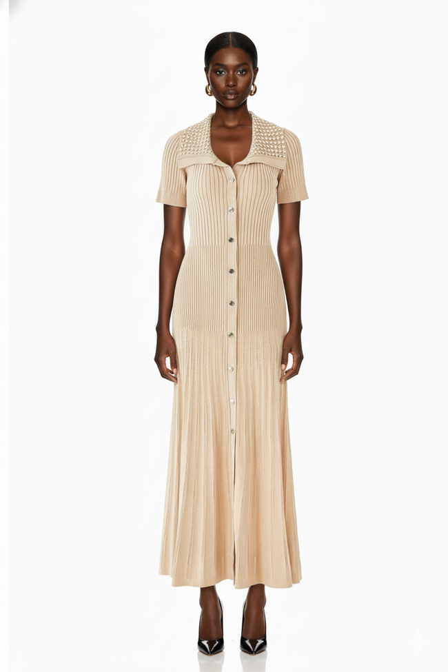 Embellished Collar Ribbed Button-Down Maxi Dress Hover Image